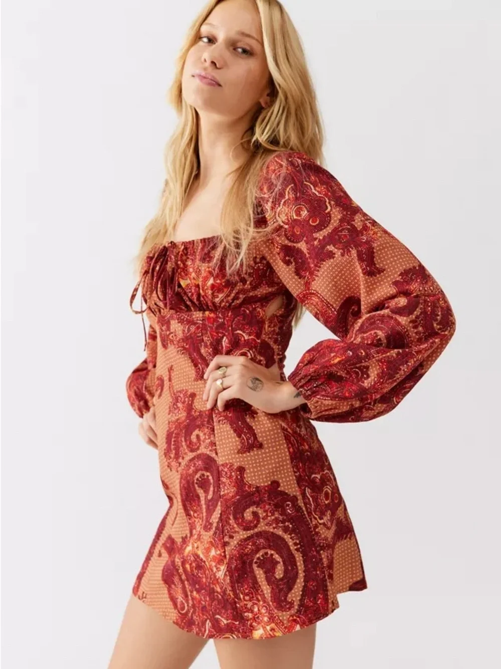 UO Vivienne Printed Long Sleeve Mini Dress Paisley Large - Picture 3 of 5